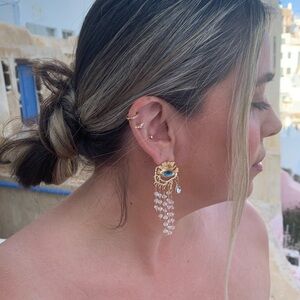 Gold and Blue Chandelier Earrings with Geometric Design